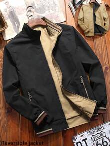 Men's Simple Daily Long Sleeve Jacket, Lightweight Green Color Block Formal Jacket For Work, Gift For Friends, Husband, Boyfriend - 黑色 - 查看 2