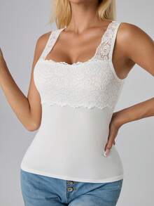 Women's Black Plain Lace Trim Decor Square Neck Camisole Spliced Tank Sleeveless Thin Vest Top - White - View 5