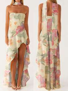 Women Cute Floral Print Cami Tank Midi Ruffle Dress With Scarf Y2k Asymmetrical Mesh Backless Flowy Long Dresses - Beige - View 1