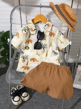 2pcs/Set Toddler Boys' Casual Cute Cartoon Animal Print Shirt Set, Suitable For Home & Outdoor Travel, Summer