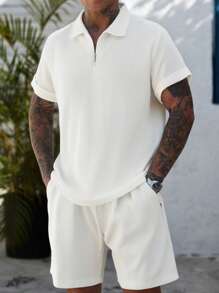 Conjunto informal de 2 piezas de hombre con polo de cuello de collar de tejido jacquard de manga corta + pantalones cortos con cordón