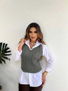V-Neck Braided Knit Sweater Vest - Dark Grey - View 3