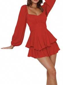 Women Puff Long Sleeve Romper Off Shoulder Ruffle Flowy Short Jumpsuit Layered Pirate Dress With Shorts Playsuit - Red - View 3