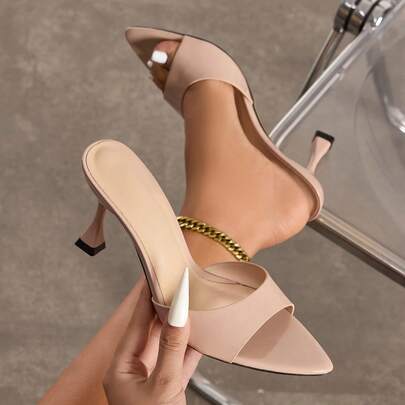 Jin Bei Qi Spring/Summer Women's High Heels, Fashion Evening Party Outdoor High-End Occasion Stilettos, Pointed Toe Shiny Mirror Surface With Colorful Fabric, Sexy Mule Elegant Light Pink Slip-On Shoes