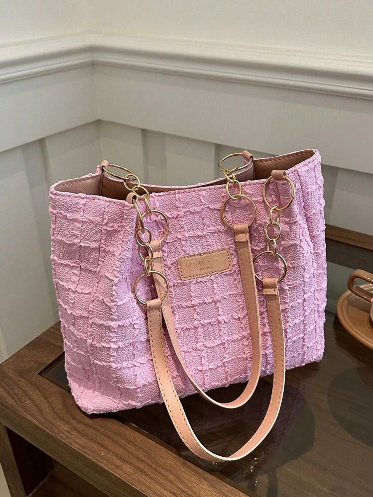 Sac fourre-tout rayé à la mode - Sac bandoulière grande capacité pour femme - Sac à main zippé pour un usage quotidien - Sac fourre-tout à chaîne en métal - Tissu en nylon imperméable à motif papillon - Rentrée scolaire