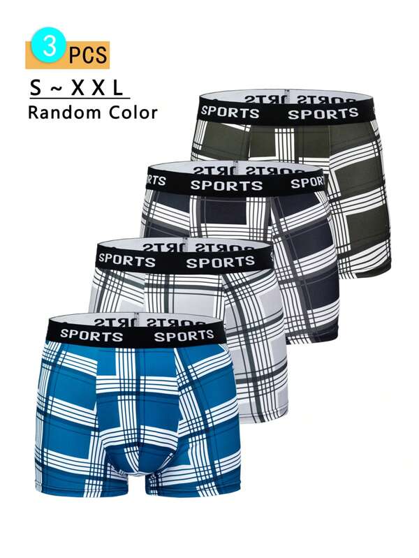 Set de 3 calzoncillos informales de hombre con mezcla de patrones a rayas y de cuadros, de poliéster, con cintura elástica cómoda, livianos, para primavera/verano/otoño