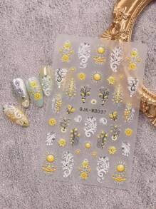 3 Pieces Of Bohemian Pattern Sunflower Relief Nail Art Stickers - Yellow, Blue, Black, And White Bohemian Fresh Hollow Patterns, Vines, Heart-Shaped Flowers, Roses, And Sunflower Art Designs, 5d Relief Technology, Suitable For Women's Disposable Self-Adhesive Back Adhesive Nail Art Stickers, Bohemian Pattern Theme Style, Easy To Stick Nail Decoration Stickers