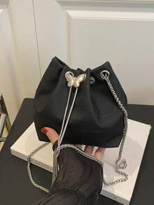 1pc Chain Drawstring Closure PU Solid Color Bucket Bag With Metal, Pearl, Bow Decor, Women Pleated Shoulder/Crossbody Purse, Fashion Gift Bag For Party, Date, Shopping, Daily Use - Black - View 8