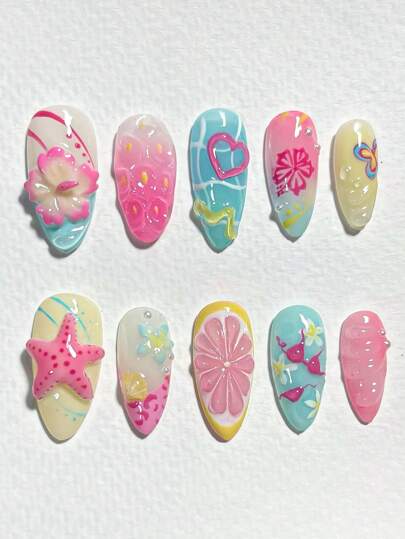 30 piezas Uñas postizas de almendra 3D de tamaño mediano Uñas postizas con degradado de color colorido Decoraciones de flores 3D, corazones y rhinestones Estilo de moda para uso repetido Uñas postizas de cobertura completa brillante para mujeres y niñas para uso diario en primavera y verano Suministros para uñas