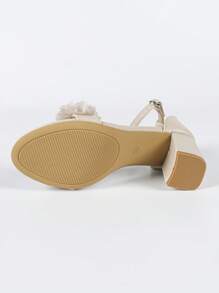 Women's Apricot Floral Decor Metal Buckle Thin Strap Square Toe Chunky Heel Sandals, Sweet & Fresh Style For Summer Casual & Holiday Wear