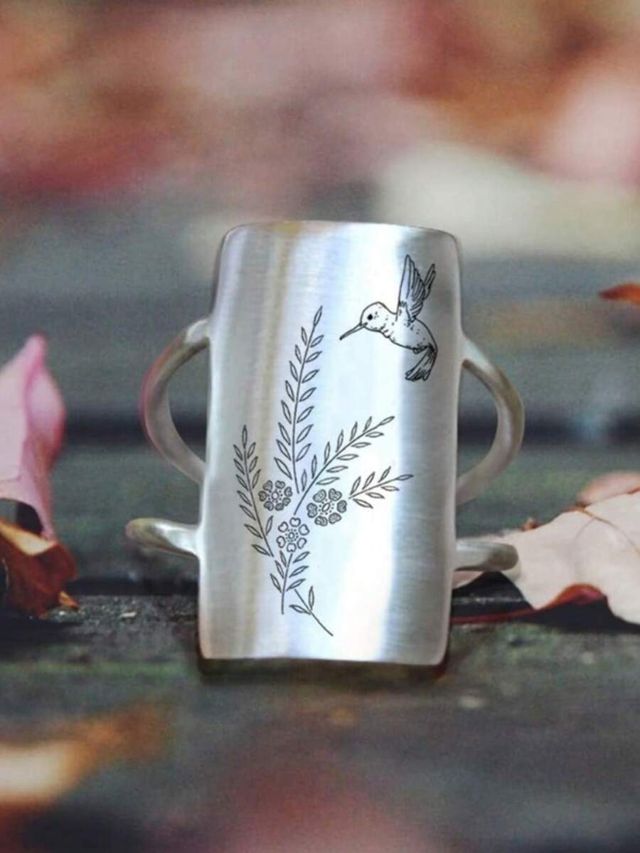 复古波西米亚风蜂鸟与花朵设计戒指，适合女士婚礼订婚场合 - 銀色 - 查看 1