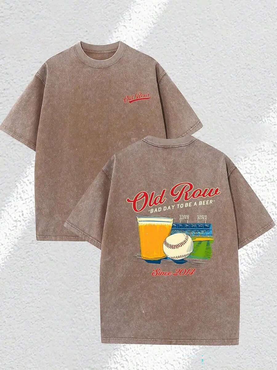 230g Double-Sided Washable, Bad Day Beer Baseball Printed T-Shirt, High-Quality Wax Printed Cotton Retro Fashion Brand T-Shirt, Men's T-Shirt, Beach Essential, Summer T-Shirt, Holiday Gift, Perfect Gift - Brown(咖啡色) - 查看 1