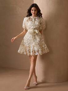 Elegant Romantic Cutout Button Collar Puff Sleeve Women's Cute Style Dress + Dress Two Pieces Set - Multicolor - View 6