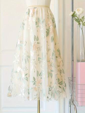 Elegant Floral Embroidered Mesh Skirt, Women's Romantic Skirt