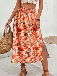 Women's Floral Print High-Lit Side Slit Skirt - Vacation Wrap Beach Skirt, Flowy Boho Summer Skirt, Casual A-Line Midi Skirt For Women,Casual Skirts For Women,Fashion Skirts For Summer