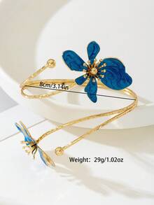 1 件铁合金双头珐琅釉花手镯，简约优雅时尚优雅，适合母亲节礼物、派对和日常佩戴 - 藍色 - 查看 2