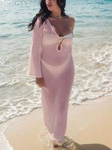 Crochet V-Neck Backless Ruched Waist Fitted Dress, Suitable For Vacation, Women's Fashion, Elegant, Sexy, Minimalist Solid Color Casual Knit Maxi Dress, Suitable For Beach, Halloween Costume, White Swimsuit, Fashionable Autumn, Valentine's Day, New Year, Year-End, Christmas Party Wear. - Pink - View 5