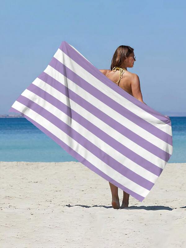 1pc New Hot Selling Minimalist Purple & White Striped Beach Towel, Quick Dry Swimming Shawl, Picnic Blanket, Printed Carpet Mat