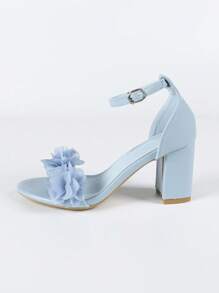 Women's Light Blue Flower Decor Metal Buckle Strap Square Toe Chunky Heel Sandals, Sweet & Fresh Style For Summer Daily & Vacation