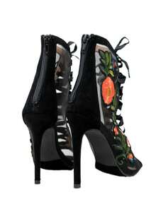 Women's Embroidered Mesh Lace-Up Stiletto Booties - Peep Toe High Heel Ankle Boots For Party And Evening Wear - màu đen - Xem 3