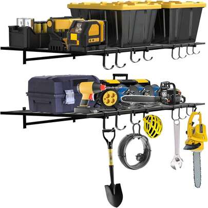 "Garage Storage Shelving Wall Mounted, 2 Pack 2x4ft Storage Shelf With Hooks, Heavy Duty Warehouse Wall Shelves, Shelf Garage Organization System, Shelves Racks Units, Holds 200Lbs Each  2 Pack Heavy Duty Garage Wall Shelves, 2x4ft Wall Mount Storage Shelf With Hooks, Shelf Warehouse Organization System, Rack Shelving, Holds 200 Lbs Each For Shop, Garage Storage"