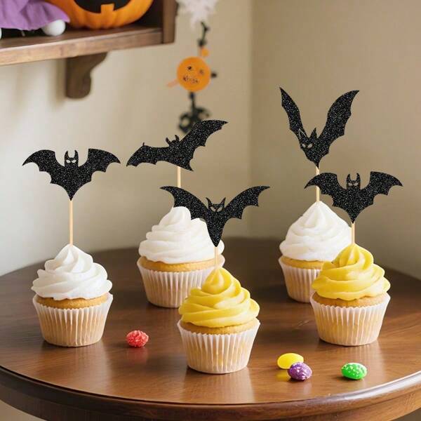 24pcs Glitter Bat Cupcake Toppers And 24 Glue Dots Halloween Cupcake Picks For Shower Birthday Party Cake Decorating Supplies