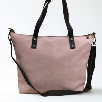 Genuine Leather Zipper Tote Bag, Made In Italy, Large Capacity Fashion Women's Shoulder Bag, Simple Casual Leather Shopping Bag, Solid Large Capacity Tote Bag For Women