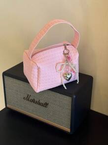 1pc Pink Floral Woven Pattern Handbag, Portable Cosmetic Organizer Pouch (No Pendant)