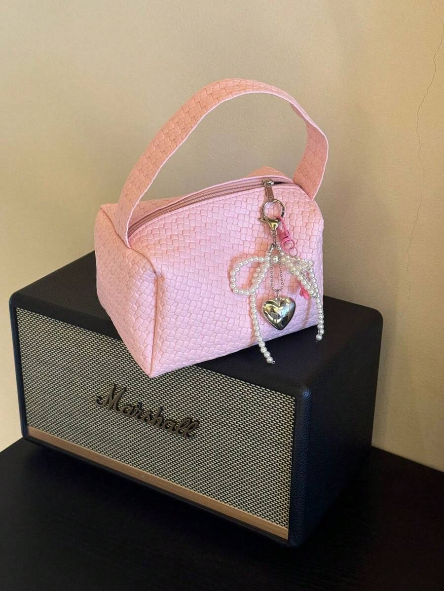 1pc Pink Floral Woven Pattern Handbag, Portable Cosmetic Organizer Pouch (No Pendant)