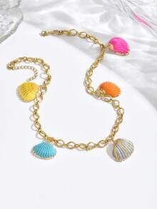 1pc Stainless Steel Boho Ocean Beach Style Faux Pearl Starfish Shell Pendant Necklace Set - Yellow Gold - View 6