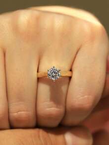 1 pieza Anillo de diamante Moissanite redondo clásico de 6 garras de plata esterlina S925, 1 quilate, joyería de boda, compromiso, aniversario y fiesta para mujer, regalo del Día de San Valentín - Dorado - Ver 4