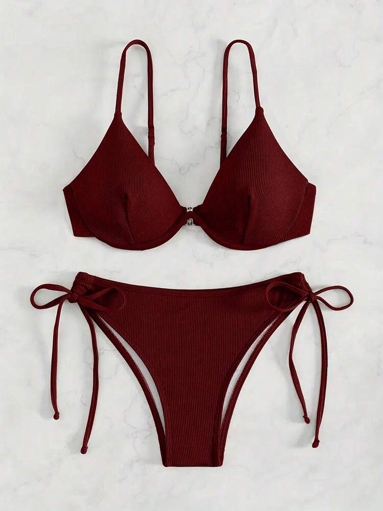 Ensemble de bikini à lacets de couleur unie pour femmes, avec soutien-gorge à armatures, maillot de bain sexy deux pièces, bretelles réglables, tenue de plage pour les vacances d'été, rouge - Rouge - Voir 4