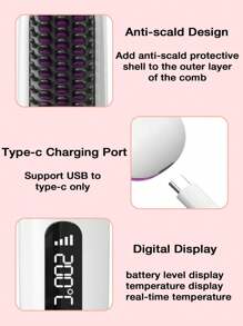 Brosse lissante sans fil, peigne chauffant portable à ions négatifs avec longue durée de vie de la batterie, rechargeable via USB, chauffe rapidement avec 3 réglages de température, anti-brûlure, arrêt automatique en 12 minutes, pour le voyage (2600 mAh)