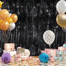 2Pack Silver Metallic Tinsel Foil Fringe Curtains, Door Streamer Photo Booth Backdrop Birthday Wedding, Graduation Engagement Bridal Shower Bachelorette Party Decorations Dancing Ball Party - 黑色 - 查看 4