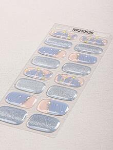 16 片腮红半固化凝胶指甲贴，粉色蝴蝶花朵闪光自粘凝胶指甲全贴，沙龙品质，持续 14 天，适合女性日常 DIY 的美甲贴纸 - 薄荷藍 - 查看 2