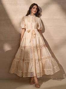 Elegant Flower Lace Splice Full Opening Button Decor Women A-Line Dress - Apricot - View 6