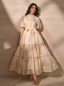 Elegant Flower Lace Splice Full Opening Button Decor Women A-Line Dress