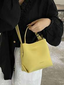 Bolsa feminina estilosa, minimalista, com textura de crocodilo amarelo, mini bolsa tipo balde de PU, bolsa de ombro vintage versátil para compras femininas e uso diário - Amarelo - Ver 3