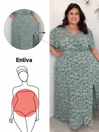 Enliva Große Größen Boho Blumenmuster Schmetterling Ärmel Schlitzrock Kleid für den Sommer