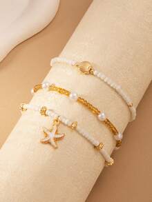3pcs/Set Minimalist Gold Round Pendant Tassel Beaded Anklet, Suitable For Daily Wear And Vacation - Style Three - View 2