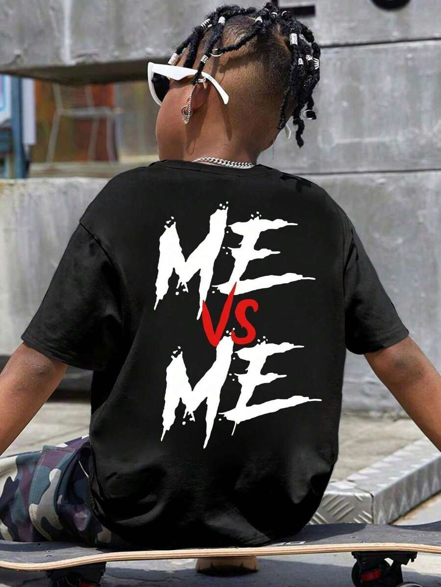 2025 Spring/Summer New Round Neck English Letter ME VS ME Print Boys' Regular Casual Short Sleeve T-Shirt