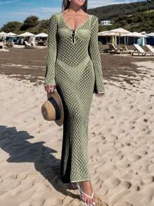 Spring-Summer Crocheted V-Neck Backless Ruched Waist Bodycon Dress For Holiday,Beach Vacation