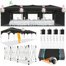 tooluck 10x30ft Pop Up Canopy Tent Gazebo For Parties With 5 Sidewalls Push Center Lock & Air Vent Waterproof & UPF50+ Gazebo Outdoor Tent For Party Wedding BBQ With 4 Sandbags 8 Stakes & 16 Ropes,Black - 黑色 - 查看 1