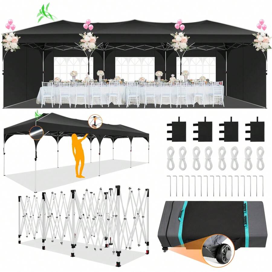 tooluck 10x30ft Pop Up Canopy Tent Gazebo For Parties With 5 Sidewalls Push Center Lock & Air Vent Waterproof & UPF50+ Gazebo Outdoor Tent For Party Wedding BBQ With 4 Sandbags 8 Stakes & 16 Ropes,Black - 黑色 - 查看 1