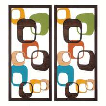 Zwei Stücke mittelalterliche moderne Holzwandkunst - geometrische abstrakte Paneele in Cyan, Orange, Blau und Braun, geeignet für Wohnzimmerdekoration, elegante Innenraum-Wandverzierung, perfekt für Zuhause oder Büro, Innenraum-Verzierung | Wandkunst-Präsentation | strukturierte Holzfurnier