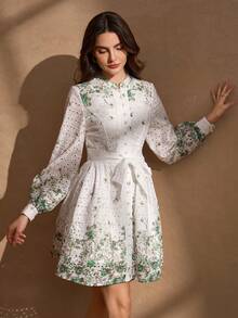 Elegant Luxury Embroidered Cotton Digitally-Printed Floral Button Decorated Ladies Long Sleeve Fresh Style Dress - White - View 7