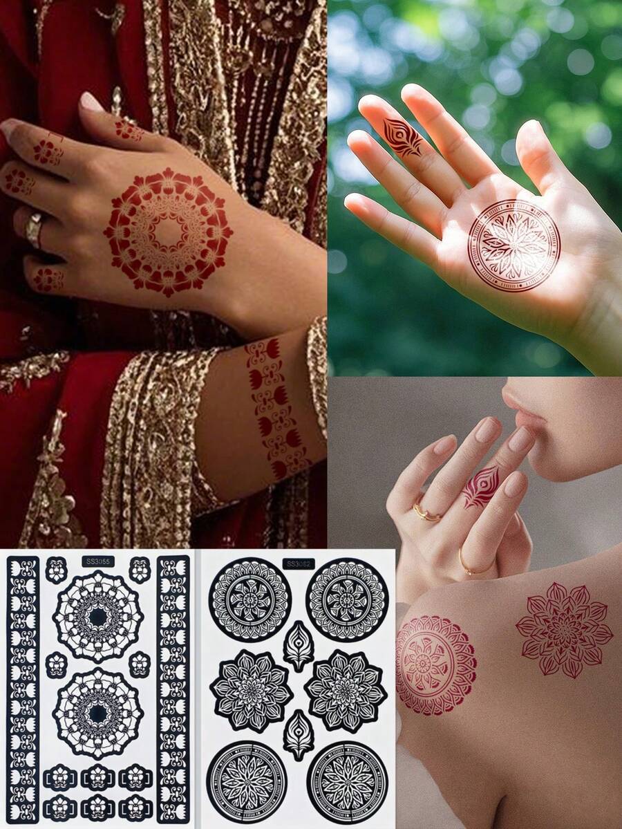 2 张可重复使用花朵纹身模板临时纹身贴纸人体艺术纹身模板贴纸闪光纹身模板适用于手部身体 Mehndi 设计