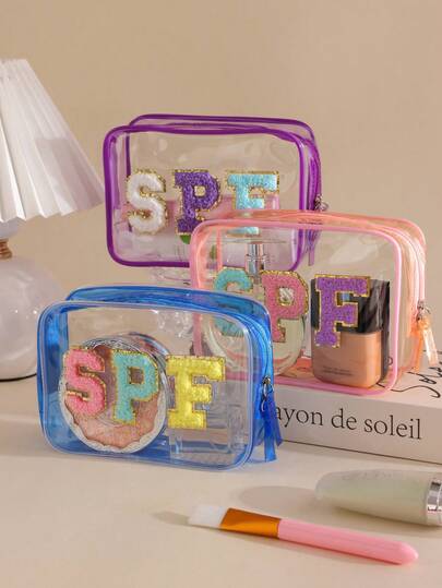 1个透明SPF防晒化妆包，防水拉链化妆袋，便携式旅行SPF绒布贴小化妆包，EVA塑料防晒霜收纳盒，适合度假、浴室、夏季海滩、游泳、旅行
