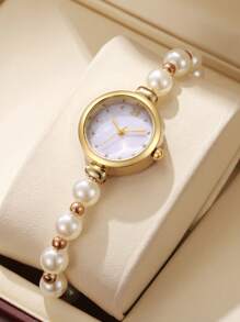 2pcs/Set Women Fashion Elegant Pearl Quartz Watch & Bracelet Set With LOVE Bracelet, Gift For Teacher's Day, Thanksgiving, Student Graduation, Birthday