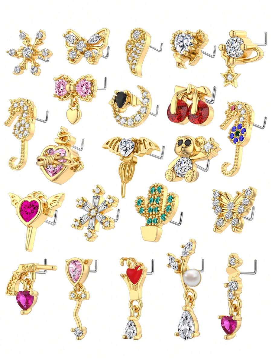 5/6/22pcs Copper Zirconia Butterfly, Heart Geometric L-Shaped Nose Stud & Earrings, Unisex Piercing Jewelry For Daily Wear - Multicolor - View 1
